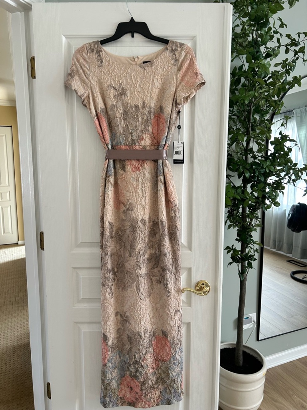 Adrianna Papell Cream Lace Maxi Dress with Coral & Blue Floral Details